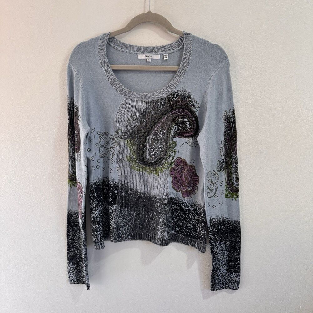 Vintage Y2K Sweater Vertigo XL Silk Blend Knit Beaded Paisley Floral Blue Artsy